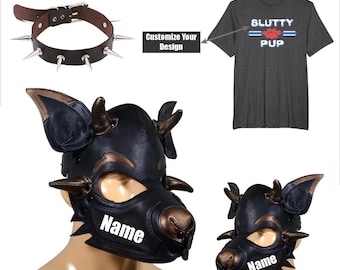Leather Handmade Puppy Hood Mask Pet Play Gear Mask. Cosplay hood, Pup Role Play hood. (Spiked Genuine leather collar with D-ring & Tshirt)