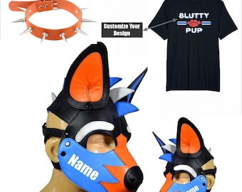 Leather Handmade Puppy Hood Mask Pet Play Gear Mask. Cosplay hood, Pup Role Play hood. (Spiked Genuine leather collar with D-ring & Tshirt)