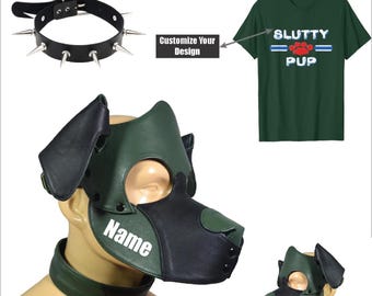 Leather Handmade Puppy Hood Mask Pet Play Gear Mask. Cosplay hood, Pup Role Play hood. (Spiked Genuine leather collar with D-ring & Tshirt)