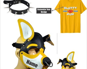 Leather Handmade Puppy Hood Mask Pet Play Gear Mask. Cosplay hood, Pup Role Play hood. (Spiked Genuine leather collar with D-ring & Tshirt)