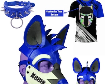 Leather Handmade Puppy Hood Mask Pet Play Gear Mask. Cosplay hood, Pup Role Play hood. (Spiked Genuine leather collar with D-ring & Tshirt)