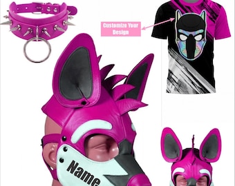 Leather Handmade Puppy Hood Mask Pet Play Gear Mask. Cosplay hood, Pup Role Play hood. (Spiked Genuine leather collar with D-ring & Tshirt)