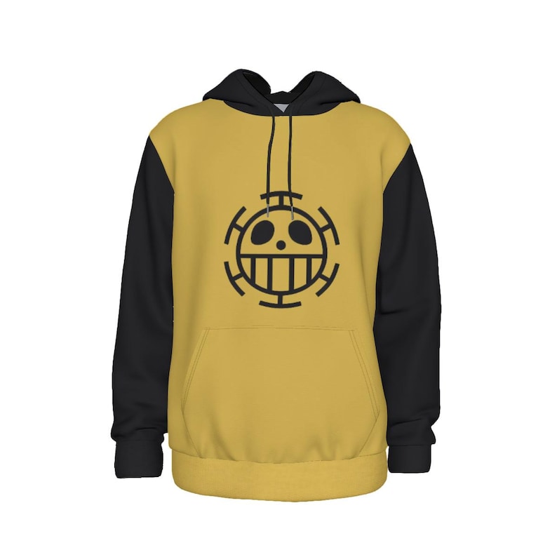 K&ouml;nnte beinhalten: Senfgelber Kapuzenpullover mit schwarzen &Auml;rmeln und Kapuze. Auf der Vorderseite befindet sich eine schwarze Grafik eines Sch&auml;dels mit einem Kreuzdesign. Der Hoodie hat eine Vordertasche und eine Kapuze mit Kordelzug.