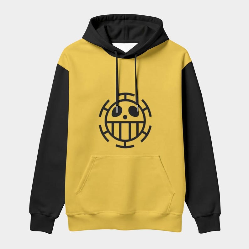 K&ouml;nnte beinhalten: Ein gelber Kapuzenpullover mit schwarzen &Auml;rmeln und Kapuze. Auf der Vorderseite befindet sich eine schwarze Grafik eines Sch&auml;dels mit Kreuz und Linien. Der Hoodie hat eine K&auml;ngurutasche und eine Kapuze mit Kordelzug.