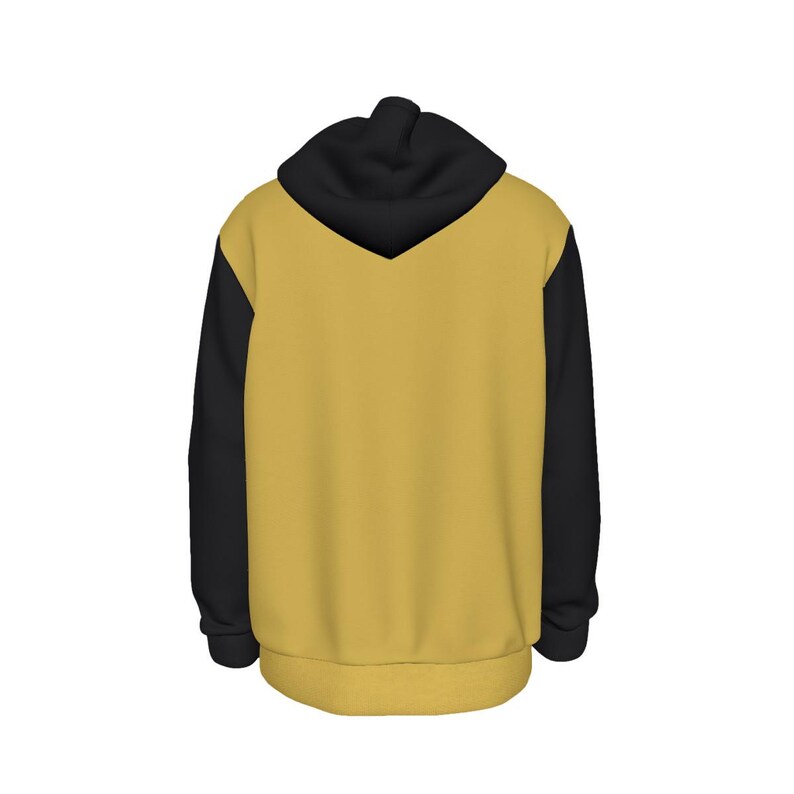 K&ouml;nnte beinhalten: Ein Kapuzenpullover mit schwarzer Kapuze und &Auml;rmeln sowie einem goldfarbenen K&ouml;rper. Die R&uuml;ckansicht des Sweatshirts ist abgebildet, mit hochgezogener Kapuze. Der untere Saum und die Manschetten sind gerippt.
