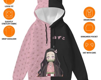 Sweat à Capuche Femme Nezuko Kamado Cosplay - Oreilles De Chat 3D Mignon, Streetwear Harajuku Kawaii Anime