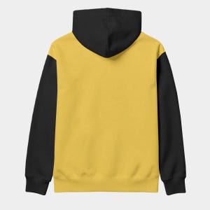 K&ouml;nnte beinhalten: Ein Kapuzenpullover mit schwarzer Kapuze und &Auml;rmeln sowie einem gelben K&ouml;rper. Die R&uuml;ckansicht des Sweatshirts wird gezeigt, wobei das farbblockierte Design hervorgehoben wird. Das Kleidungsst&uuml;ck besteht aus einem weichen Material.