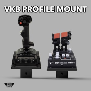 May include: VKB PROFILE MOUNT text above a black flight simulator joystick and a black throttle module with red accents. The throttle unit features white knobs and labels including VKB STEM STANDARD THROTTLE EXTENSION MODULE STECS.