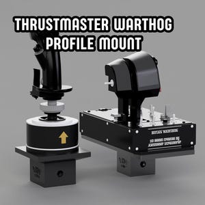 Könnte beinhalten: Schwarze Thrustmaster Warthog Profilhalterung für Flugsimulation. Das Bild zeigt zwei schwarze Halterungen mit dem Text "Thrustmaster Warthog Profile Mount". Eine Halterung hat einen Joystick, die andere einen Gashebel.