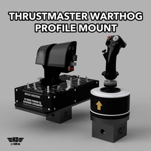 Könnte beinhalten: Eine schwarze Thrustmaster Warthog Profilhalterung mit einer doppelten Schubhebeleinheit mit mehreren Schaltern und einer Flightstick-Basis. Die Basis zeigt den Text HOTAS WARTHOG und 3D MODEL CREATED BY ALEXANDER STRALLHORER.