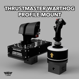 May include: A black Thrustmaster Warthog profile mount featuring a dual throttle unit with various switches and a flight stick controller. The throttle base displays the text HOTAS WARTHOG and 3D model created by Alexander Strallhofer. The top text reads THRUSTMASTER WARTHOG PROFILE MOUNT.