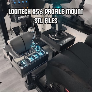 May include: A black and silver Logitech X56 profile mount with STL files. The image shows a gaming setup with a joystick, throttle, and control panel. The setup is mounted on a black frame, with a black seat visible in the foreground.