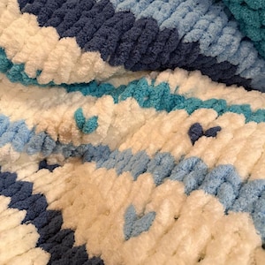 May include: A close-up of a soft, chunky knit blanket in shades of blue and white. The blanket features a textured, chevron-like pattern with varying tones of navy, light blue, and white, creating a cozy and inviting aesthetic. The plush material suggests warmth and comfort.