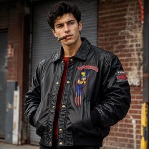 May include: A black leather bomber jacket featuring a red and blue Wolverine graphic on the left chest with metallic claw marks. The jacket has a classic collar, gold-tone snap buttons, ribbed cuffs, and a red shirt underneath. A logo patch is on the sleeve.