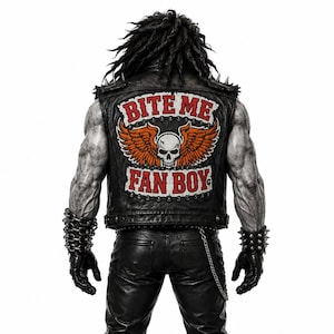 May include: A black leather waistcoat featuring a back patch with the text BITE ME FAN BOY in red letters, positioned above and below a white skull with orange wings. The waistcoat has metal studs on the shoulders and is worn with black leather trousers.