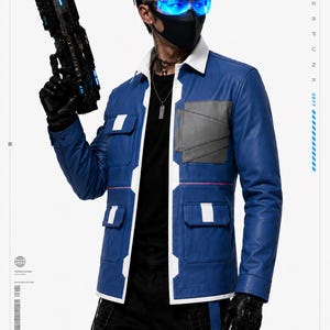 May include: A blue jacket with white trim, a grey chest pocket, and two lower pockets. The jacket is worn with a black shirt, black pants with a blue strap featuring a white asterisk, black gloves, a black face mask, and blue tinted glasses.