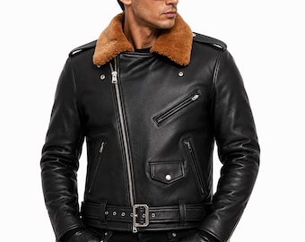Biker Vintage Style Black Genuine Cowhide Leather Jacket | Fur Collar Coat | Made to Order