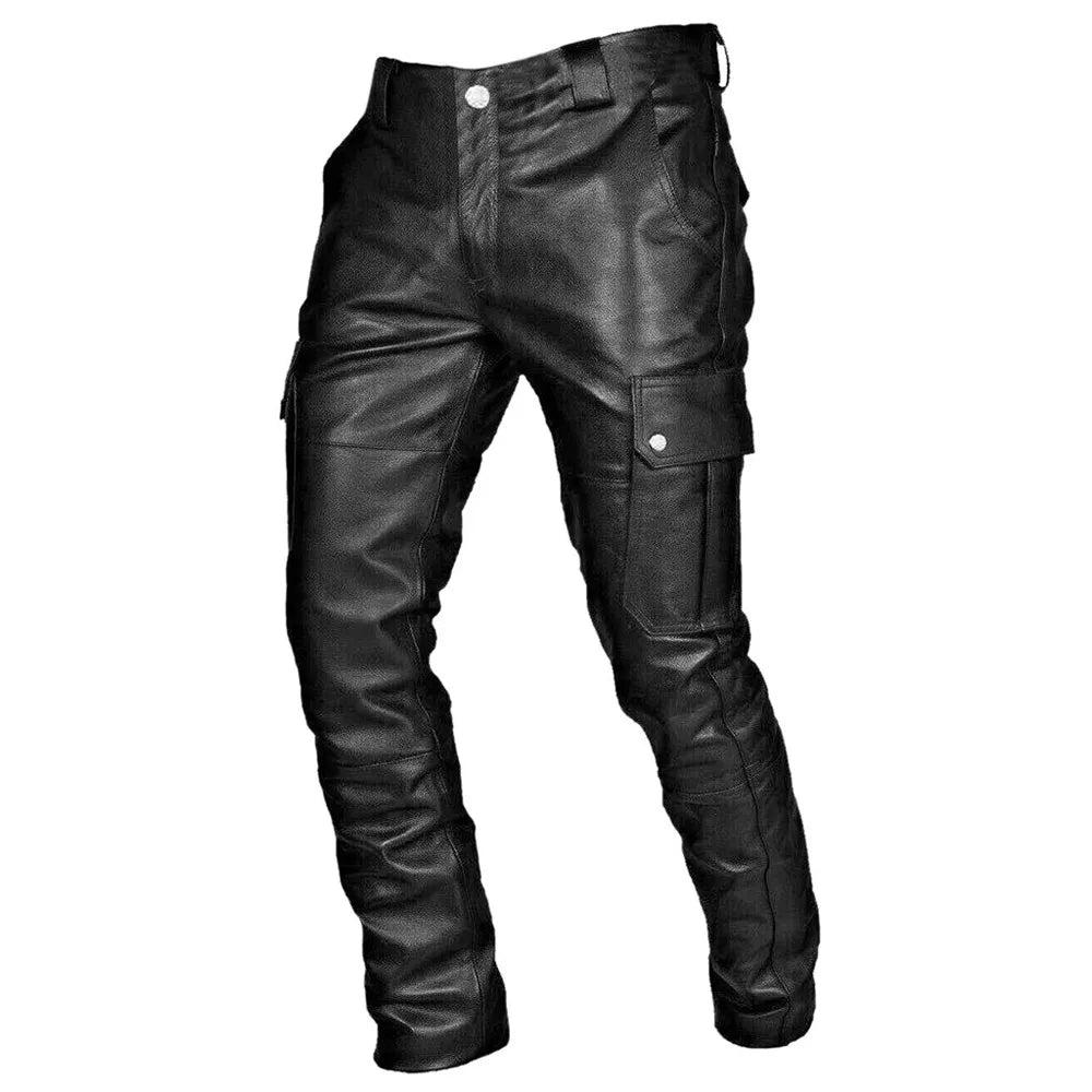Men's Real Lambskin Leather Cargo Pants - Black Utility Pants with Side Pockets