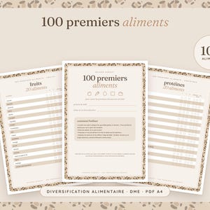 Peut inclure: Trois pages imprimables A4 présentant une liste de suivi alimentaire intitulée 100 premiers aliments. Le design comprend une bordure imprimé léopard, un fond beige et des sections pour les fruits et protéines avec des cases à cocher.