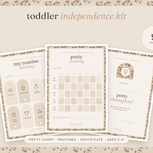 Peut inclure: Un kit d'indépendance pour tout-petits de 9 pages comprenant un tableau de routine matinale, un suivi de propreté et un certificat de champion de la propreté. Chaque page a un fond beige avec une bordure léopard et du texte.