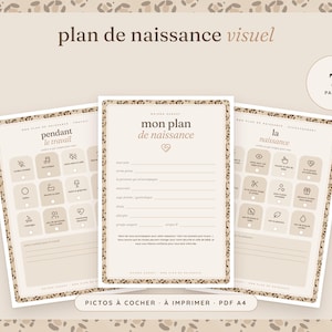 Puede incluir: Un conjunto de siete documentos de plan de parto imprimibles en formato A4 con fondo beige y borde de estampado de leopardo. Las páginas incluyen secciones para información personal, preferencias de parto y opciones de nacimiento.