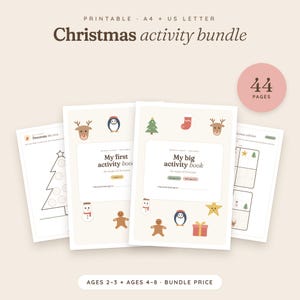 Peut inclure: Un ensemble d'activités de Noël comprenant des pages imprimables aux formats A4 et US Letter. Le lot inclut My first activity book et My big activity book avec 44 pages au total, ornées d'illustrations de rennes, de pingouins et d'arbres.