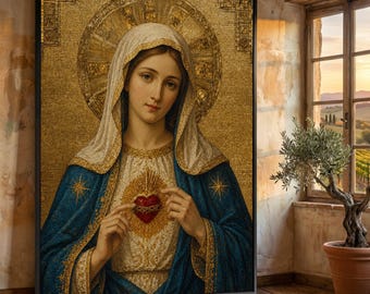 Sacred Heart of Mary Canvas Wall Art, Religious Icon Painting, Virgin Mary with Halo, Christian Spiritual Art, Elegant Home Decoration