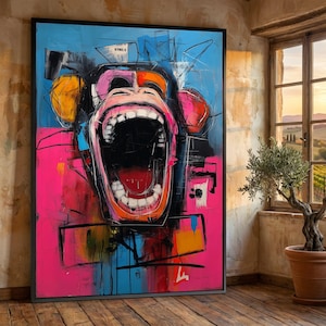 Puede incluir: Obra de arte abstracta de un mono con la boca abierta, enmarcada en negro. La obra utiliza colores vibrantes como el rosa, el azul, el naranja y el negro. La cara del mono es el punto focal, con pinceladas audaces y detalles expresivos.