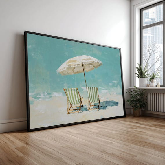 Relaxing Beach Chairs with Umbrella Canvas, Summer Seaside Wall Art, Coastal Home Decor, Nautical Canvas Painting, Beach Vacation Theme