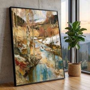 Birch Tree Winter Stream Canvas Print, Snowy Woodland Landscape Wall Art, Rustic Cabin Decor, Vertical Nature Scene, birch tree print