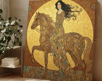 Gustav Klimt Woman on Horse Canvas, Art Nouveau Wall Art, Golden Decorative Canvas, Elegant Figure Painting, Modern Home Decor