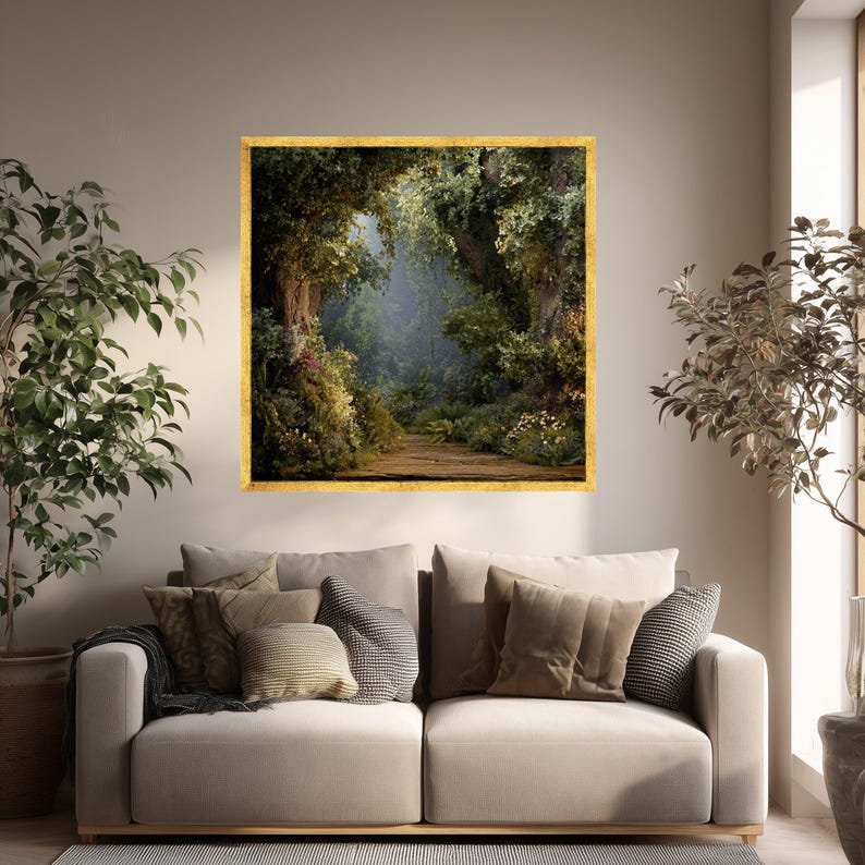 Enchanted Forest Pathway Canvas, Mystical Woodland Wall Art, Nature Landscape Canvas, Greenery Floral Decor, Ready to Hang Home Decoration image 2