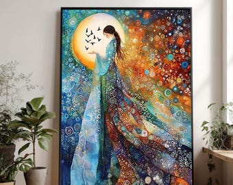 Mystical Woman Canvas Wall Art, Ethereal Moonlight Painting, Abstract Spiritual Decor, Colorful Flowing Dress, Modern Boho Canvas