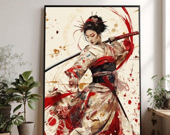 Elegant Samurai Woman Canvas Wall Art, Japanese Warrior Painting, Traditional Kimono Sword Art, Red and Beige Home Décor, Ready to Hang Wall