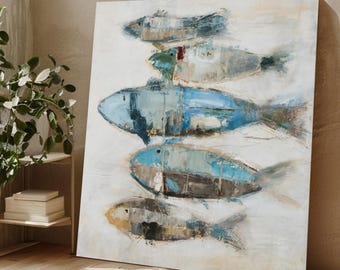 Lienzo abstracto de peces azules, arte náutico moderno para pared, decoración costera, pintura sobre lienzo con temática oceánica, lienzo marino rústico.