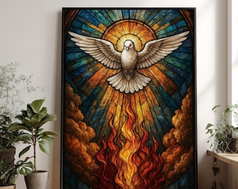 Spiritual Dove Canvas Wall Art, Stained Glass Style, Holy Fire and Light, Inspirational Religious Decoration, Faith and Hope Canvas