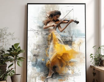 Abstrakt violinistkonst, böljande gul klänning, modern väggdekoration