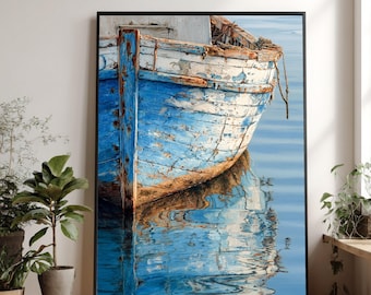 Rustic Blue Boat Canvas Print, Weathered Nautical Wall Art