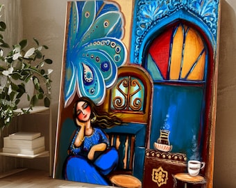 Iraqi Folk Art Canvas Print, Woman with Shanasheel Window, Cultural Wall Decor