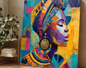Vibrant African Woman Portrait Canvas, Colorful Ethnic Wall Art, Tribal Headwrap Painting, Modern Home Decor, Bold Abstract Canvas Art