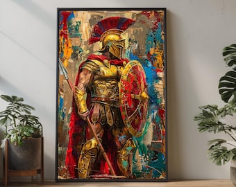 Ancient Spartan Warrior Canvas Wall Art, Gladiator Armor Painting, Roman Soldier with Shield, Historical Mythology Decor, Bold Home Wall Art
