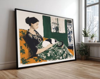 Elegante vrouw met kat canvas, vintage portret muurkunst, gezellig huisdecor, groen en oranje kleurenpalet, canvas print bloemmotief