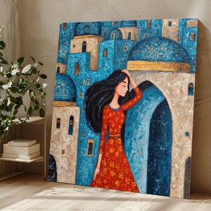 Iraqi Folklore Woman Canvas Art, Naïve Art Print, Cultural Home Decor image 1