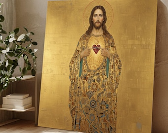 Sacred Heart Jesus Leinwand Wandkunst, Gustav Klimt Religiöse Malerei, Gold Moderne Ikone Leinwand, spirituelle Wohnkultur, fertig zum Aufhängen