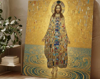 Gustav Klimt Golden Christ Canvas Wall Art, Symbolic Religious Painting Print, Modern Spiritual Home Decor, Ready to Hang