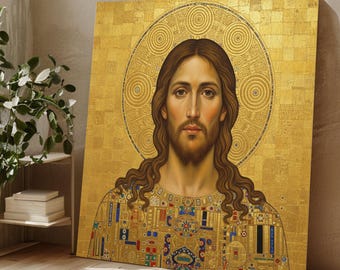 Goldene Ikonen Jesus Porträt Leinwand, Religiöse Wandkunst im Klimt Stil, Modernes spirituelles Dekor, Leinwand mit Blattgold Effekt, Inspirational Home