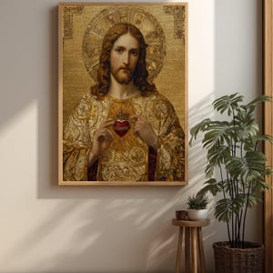 Sacred Heart of Jesus Canvas Art, Gold Mosaic, Christian Home Decor image 6
