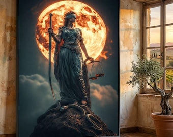 Lady Justice Statue Canvas Wall Art, Blindfolded Woman Holding Scales and Sword, Dramatic Moonlit Night, Mythical Law Symbol Canvas, Legal