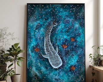 Majestueuze walvishaai canvas muurkunst, oceaan zeeleven schilderij, blauwe zee dieren in het wild decor, onderwater canvas print, kust woondecoratie