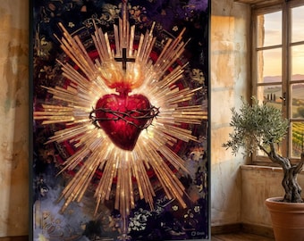 Sacred Heart Canvas Wall Art, Flaming Heart with Crown of Thorns, Religious Christian Canvas, Spiritual Home Decoration, Radiant Divine